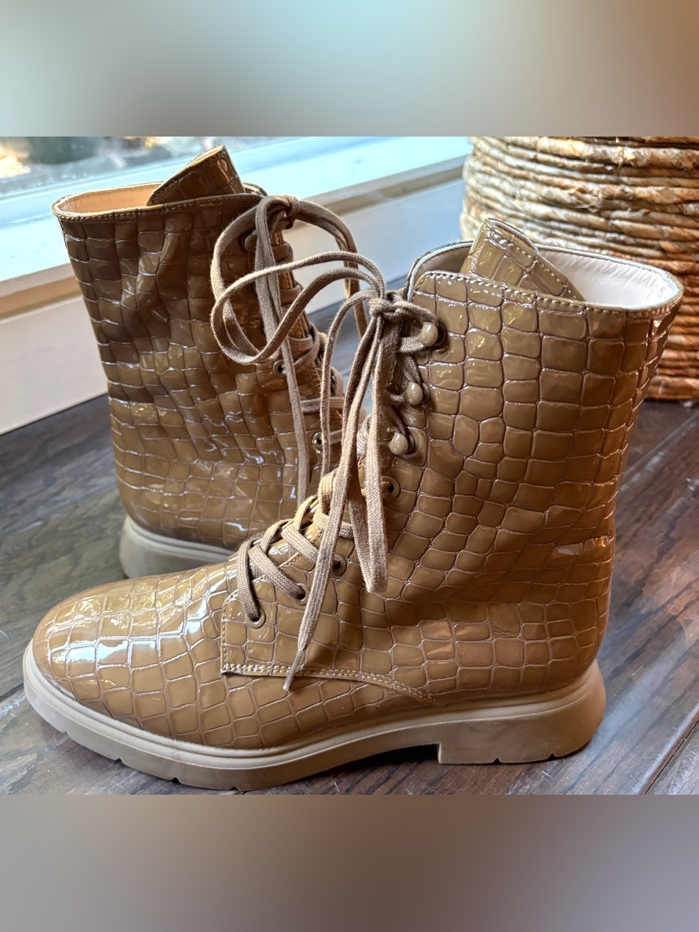 Stuart Weitzman patent lace up boots
